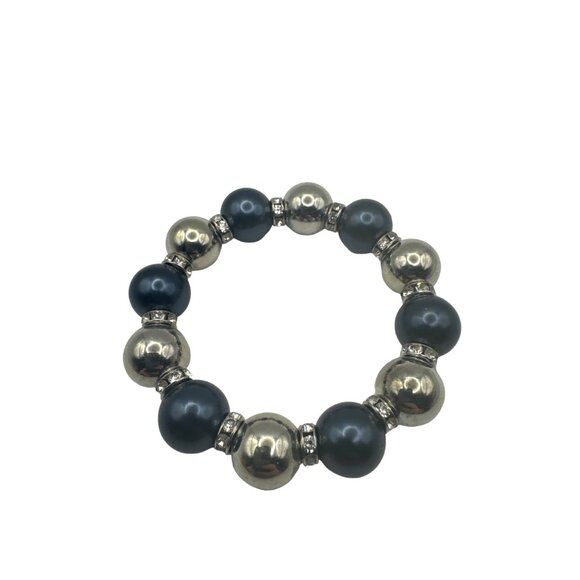 Navy Silver and Rhinestone Rondelle Stretch Beaded Bracelet 7 inch - Picture 5 of 5